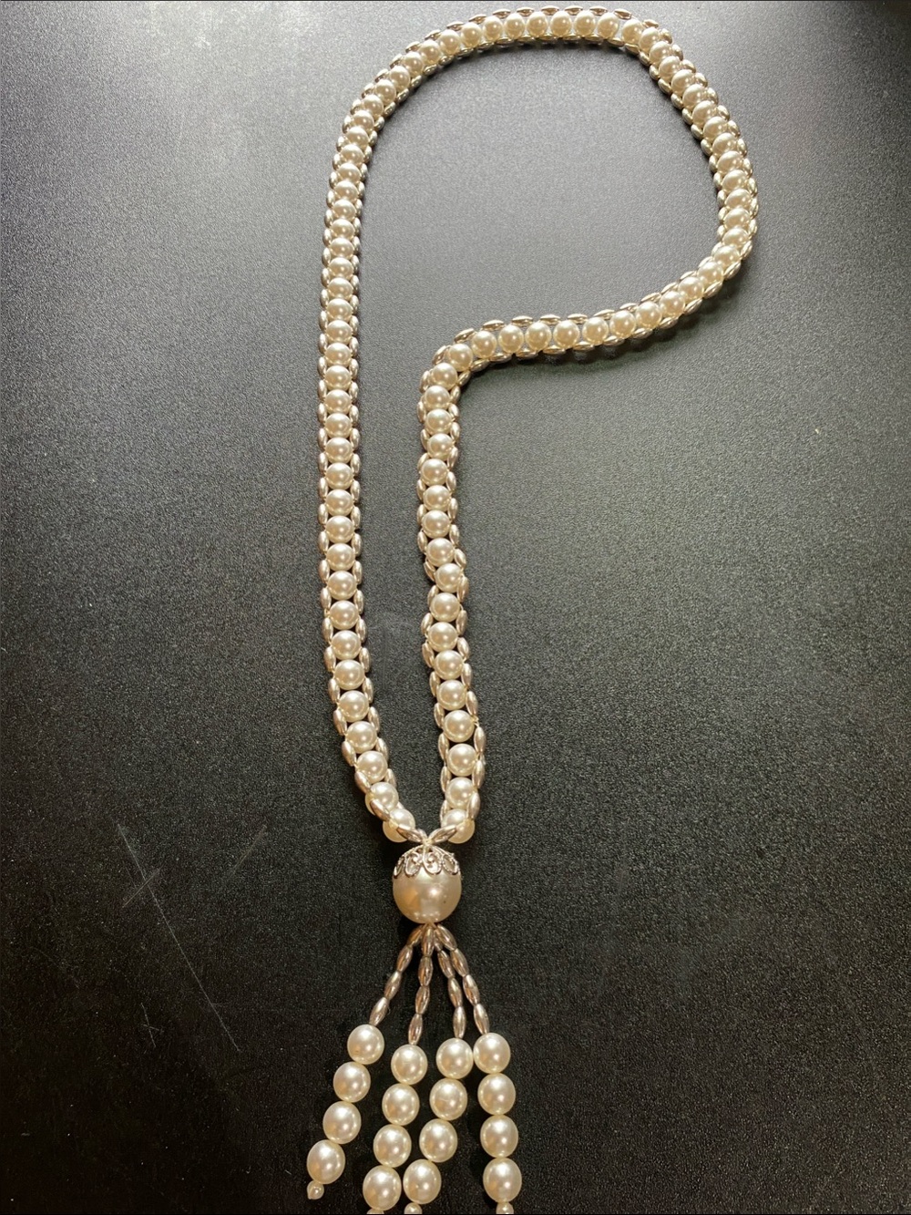 Vintage Ivory Pearl Tassel Necklace with Braided Strand